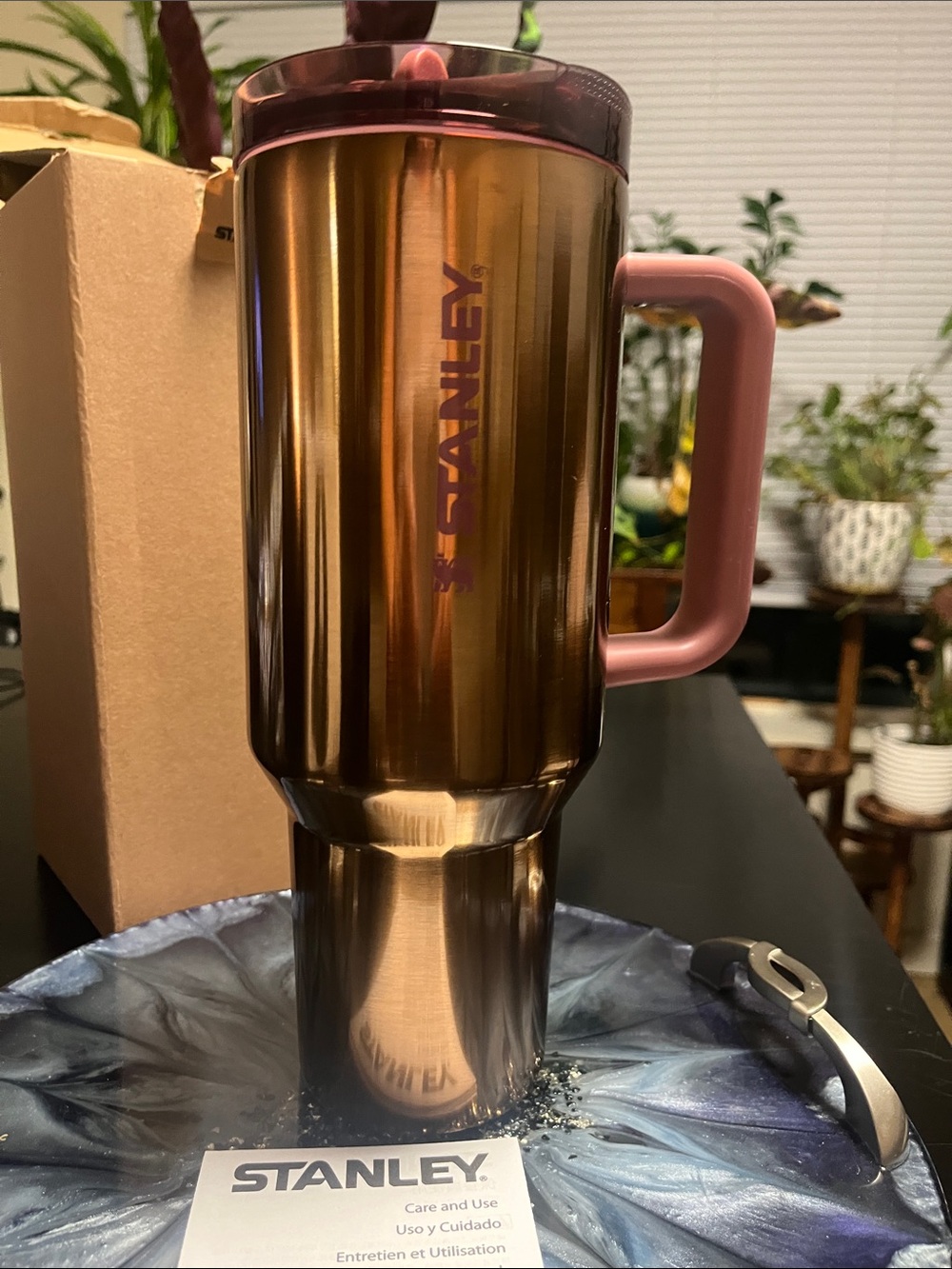Stanley Bronze Travel Mug with Pink Handle